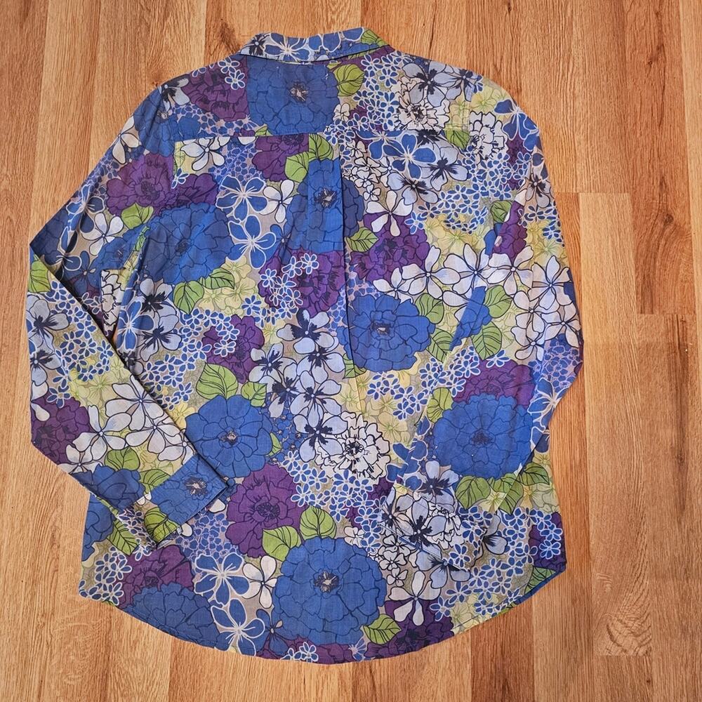 Blue Floral Button Down Cotton Shirt Women M Long Sleeve 2010 Layering - Picture 3 of 8